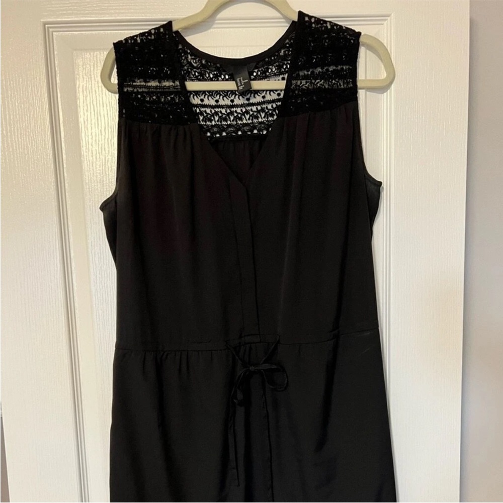 H&M Black Lace Yoke cinch waist Midi Dress size 14 Lightweight